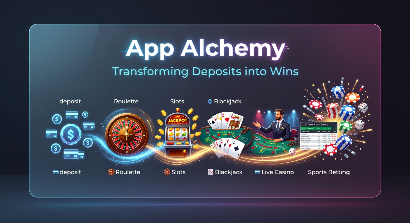 Vibrant casino app interface showing roulette wheel, slot reels, blackjack table, live dealer stream, and sports betting odds on a mobile screen, with glowing deposit buttons transforming into coin stacks