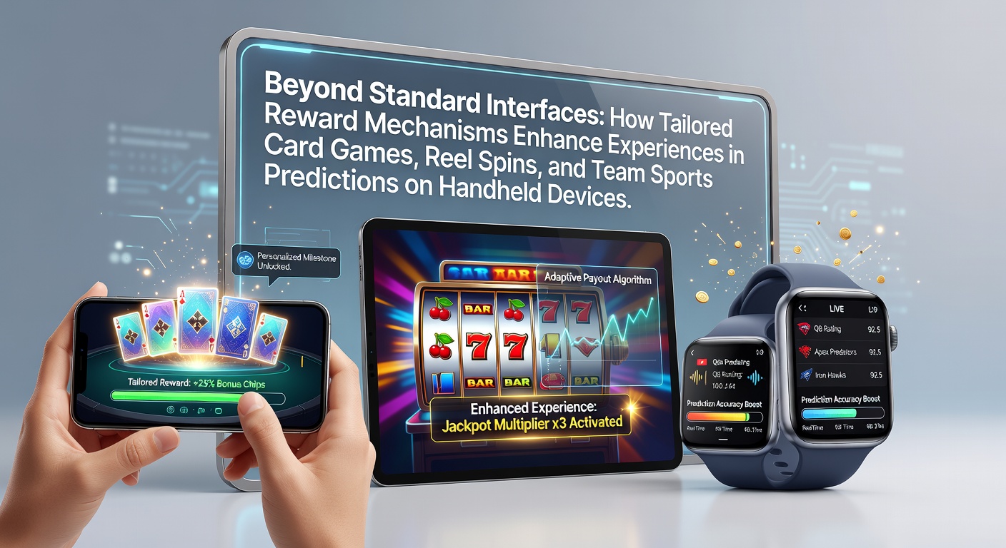Mobile device displaying tailored reward interfaces for card games, reel spins, and sports predictions