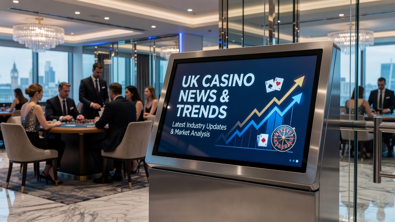 UK Gambling Commission logo alongside casino gaming floor with money exchange counters, highlighting regulatory oversight on financial services in gambling venues