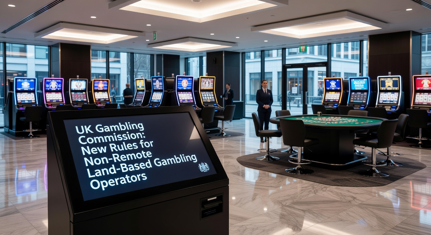 UK Gambling Commission logo overlaid on a close-up of a gaming machine control panel, with regulatory documents in the background