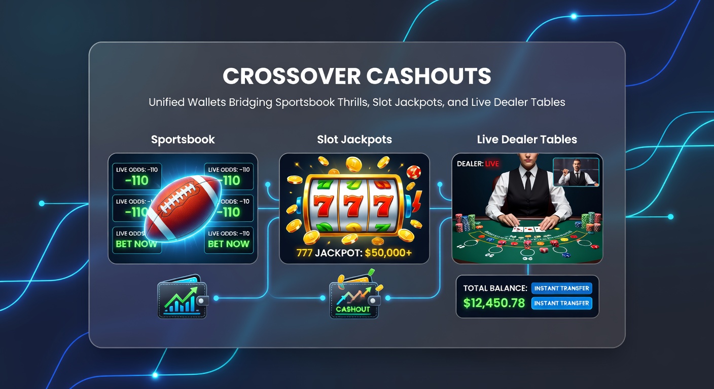 Animated graphic of money flowing from slot machine payout to sportsbook ticket and live poker table, illustrating unified wallet transfers