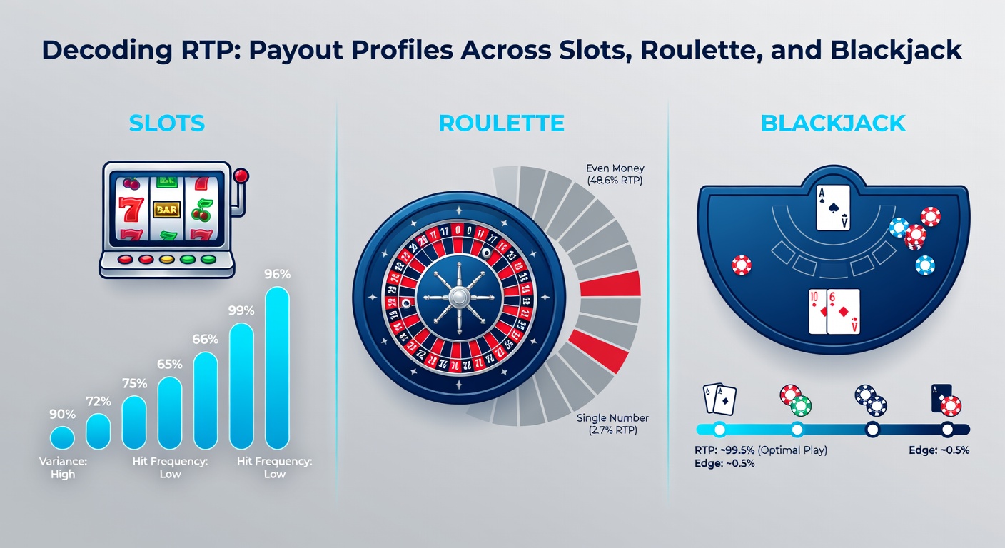 Comparative charts and graphs illustrating RTP percentages and variance curves for slots, roulette wheels, and blackjack hands