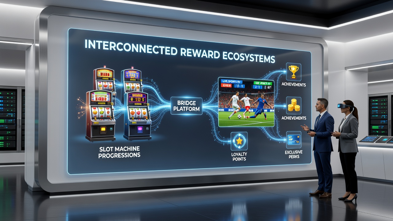Visual representation of data flows between slot progressions and live sports wagering incentives in a digital ecosystem
