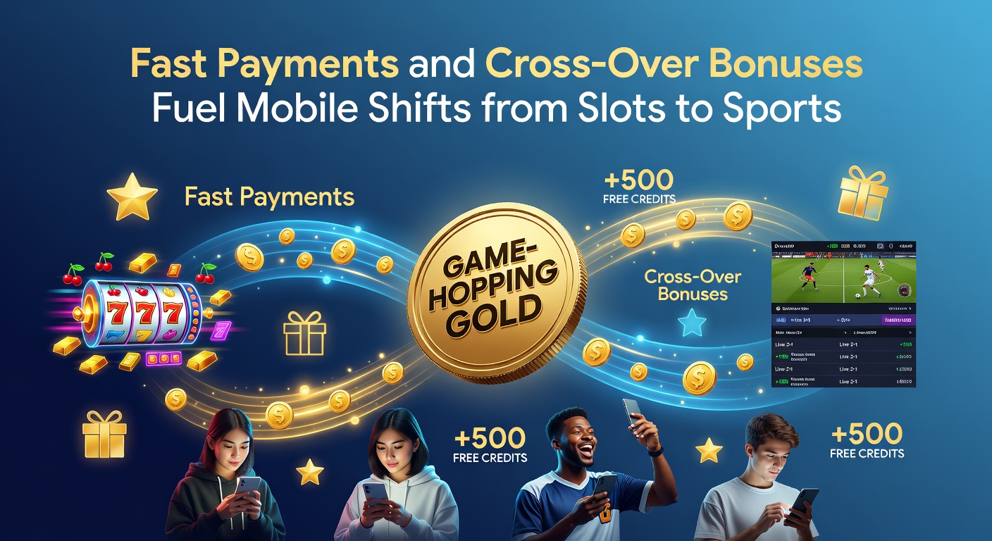 Mobile phone screen showing slot games transitioning to sports betting odds with fast payment icons overlayed