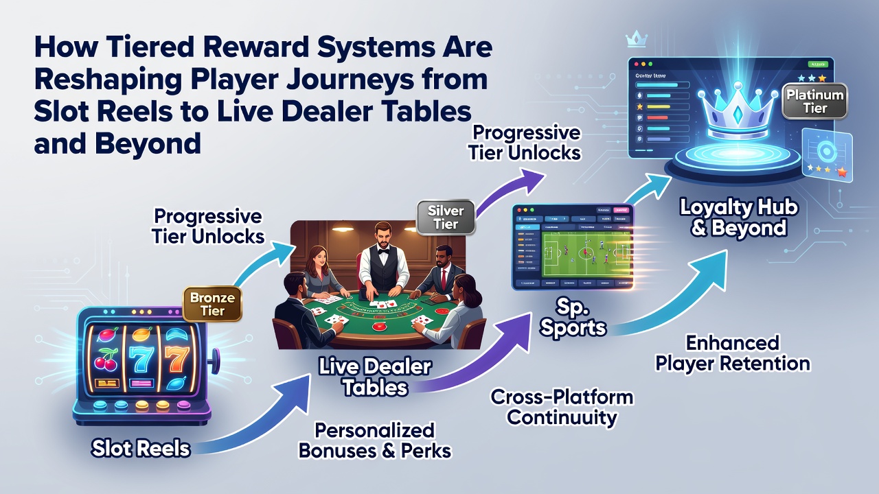 Dashboard displaying unified rewards tracking across slot games, live casino tables, and sports betting markets with tier progress indicators