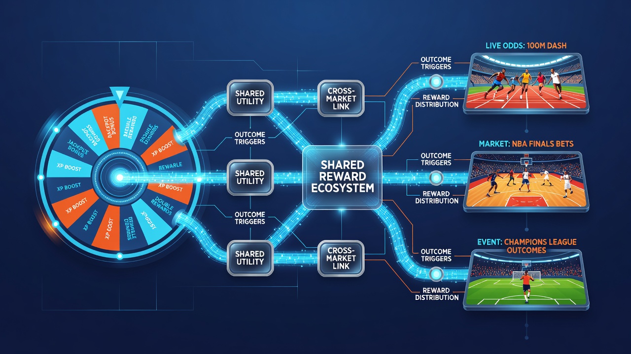 Flow diagram of reward propagation between virtual wheels and sports markets using shared digital vaults