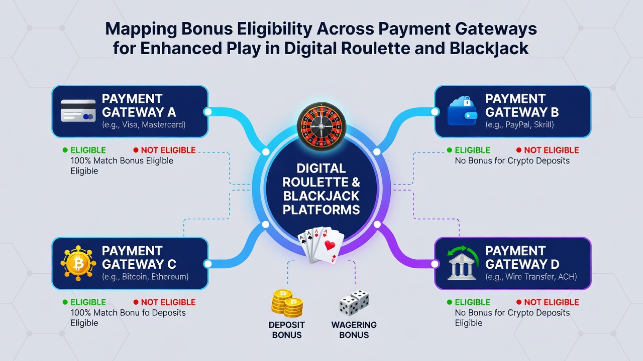Flowchart illustrating bonus eligibility pathways across multiple payment gateways for roulette and blackjack