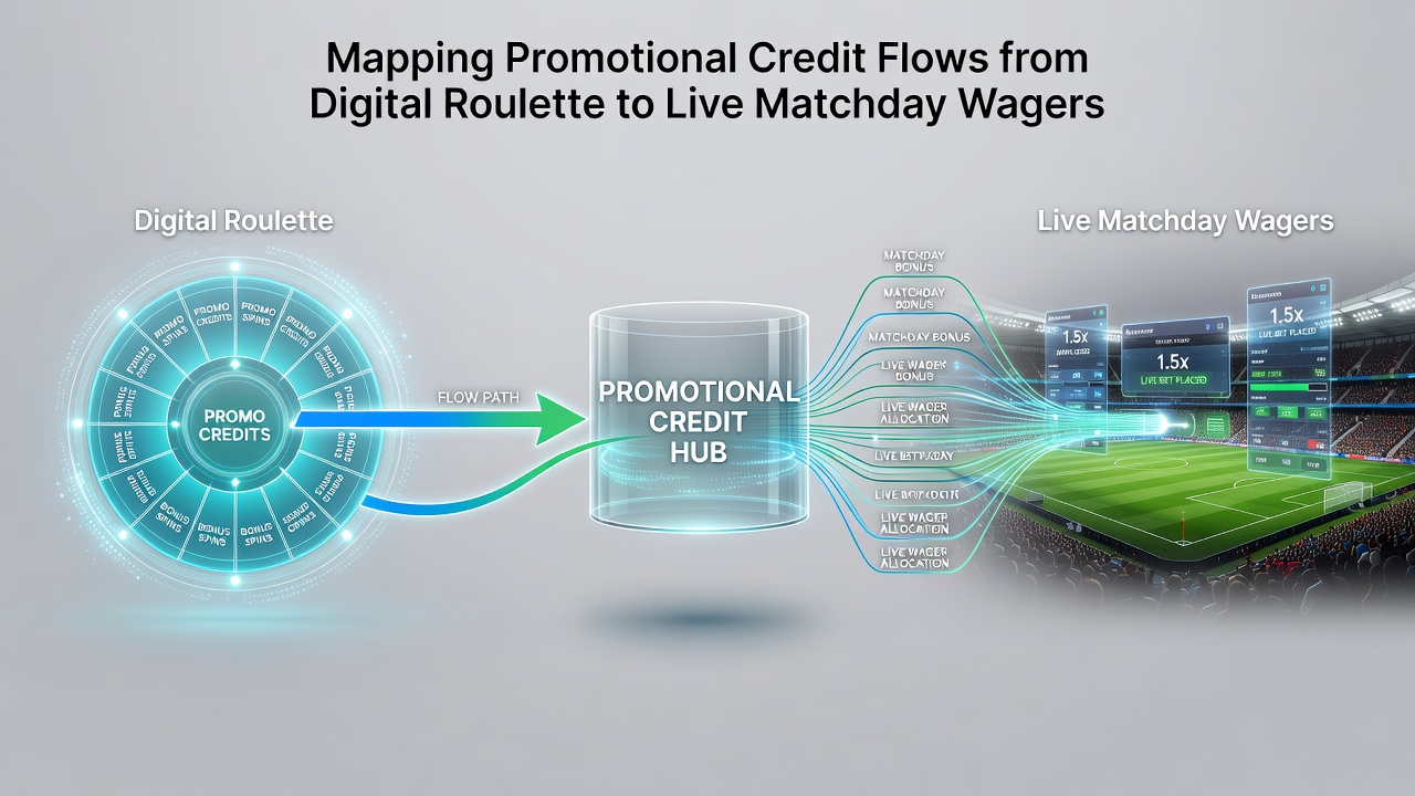 Flow diagram illustrating promotional credits moving from online roulette to live sports betting markets