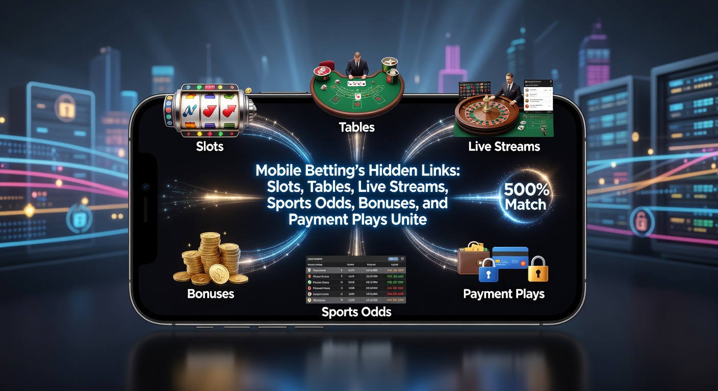Smartphone screen displaying interconnected mobile betting interfaces with slots spinning, live dealer tables, sports odds updating, and payment options highlighted
