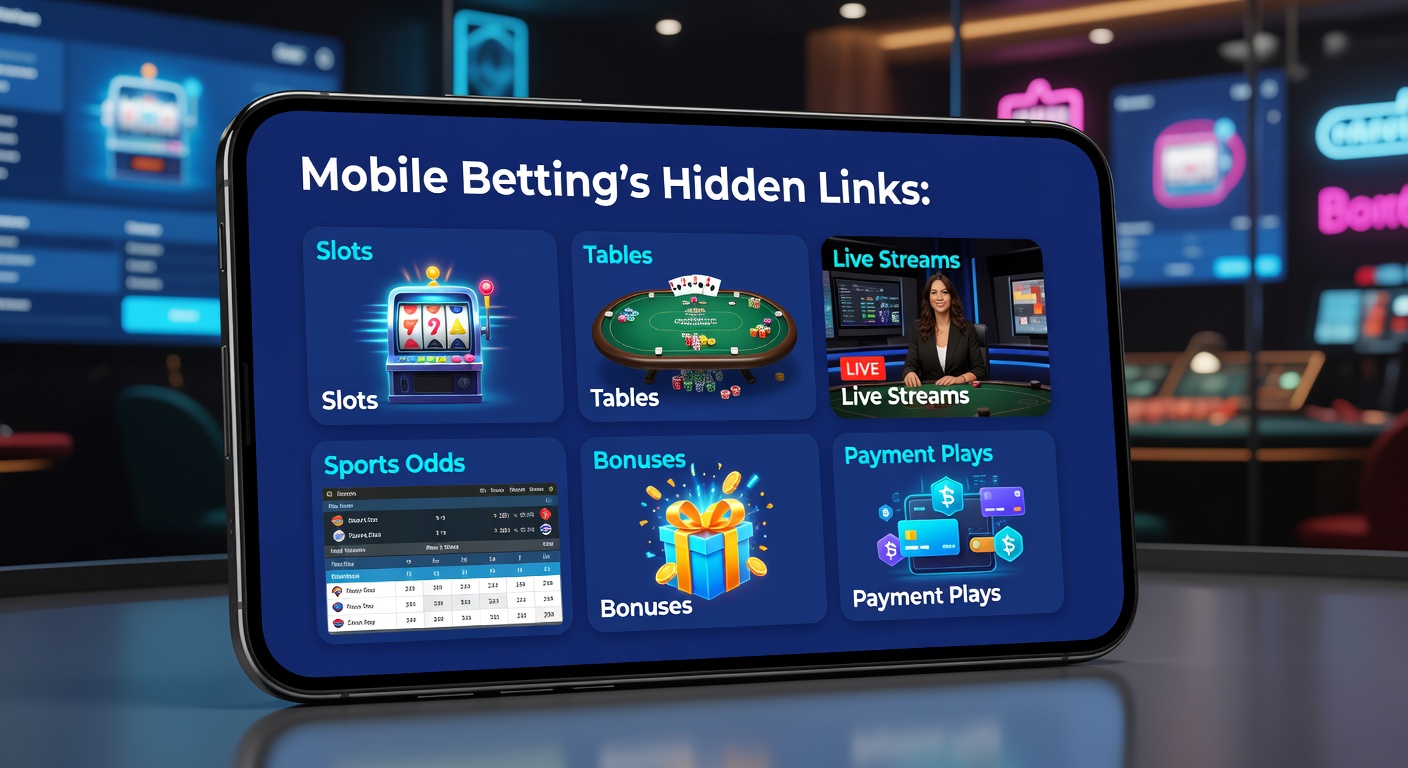 Dynamic graphic illustrating payment flows connecting slot machines, live dealer streams, sports betting odds boards, and bonus icons on a mobile device