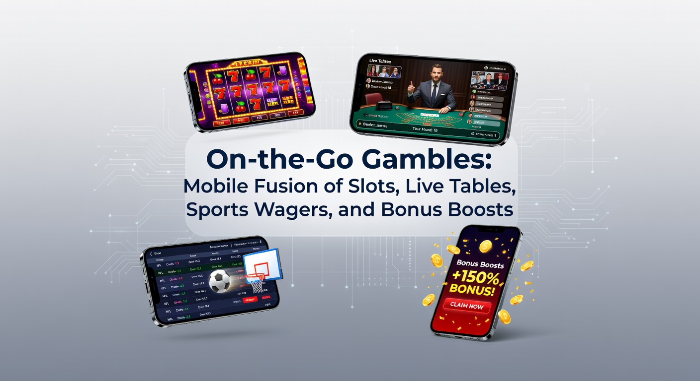 Smartphone screen displaying a vibrant mobile casino app with slots spinning, live dealer table in progress, and sports betting odds updating in real-time