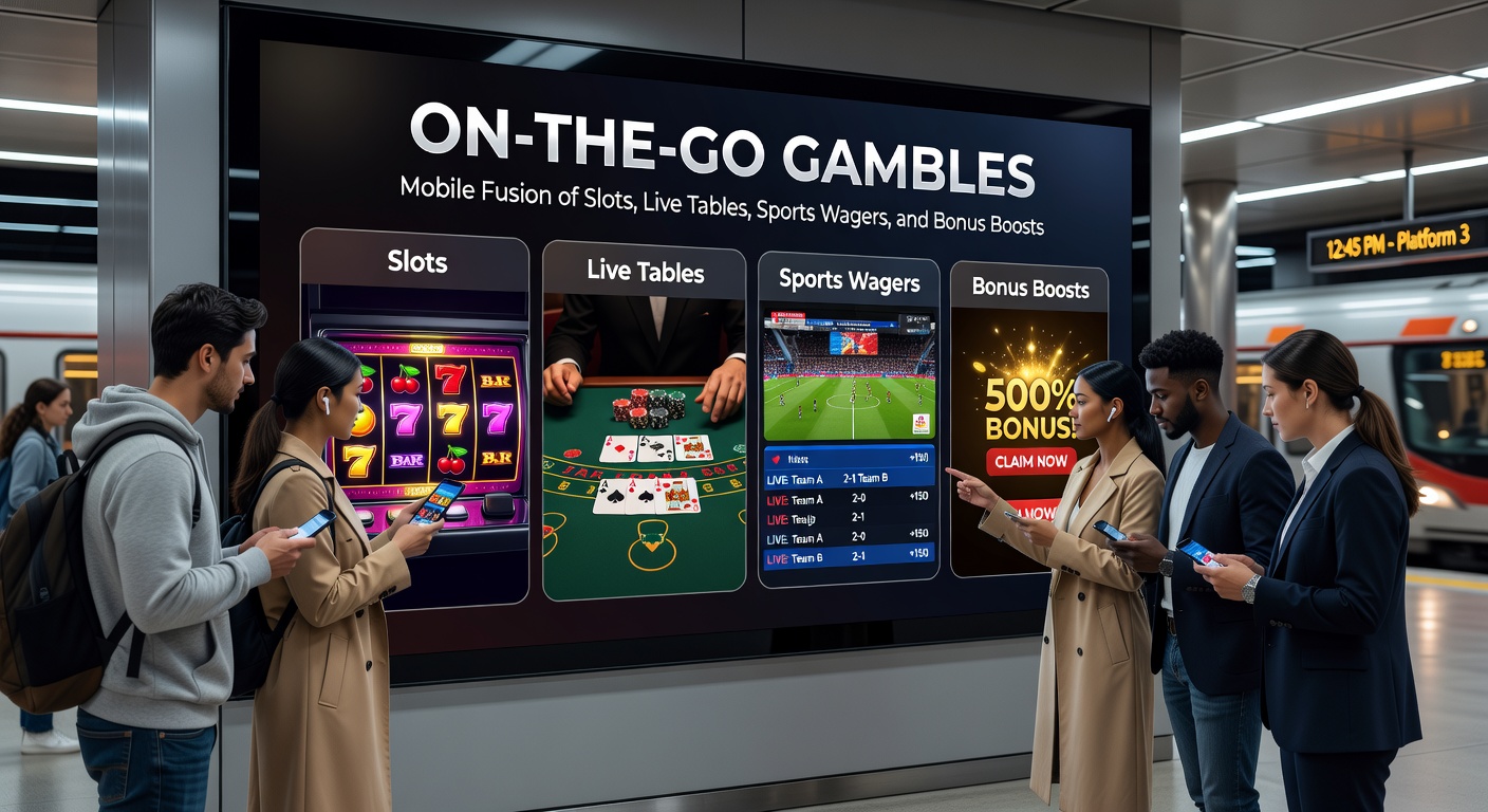 Diverse group of people using mobile devices for gambling: one at a park betting on sports, another in a cafe playing live roulette, with bonus pop-ups and slot wins highlighted