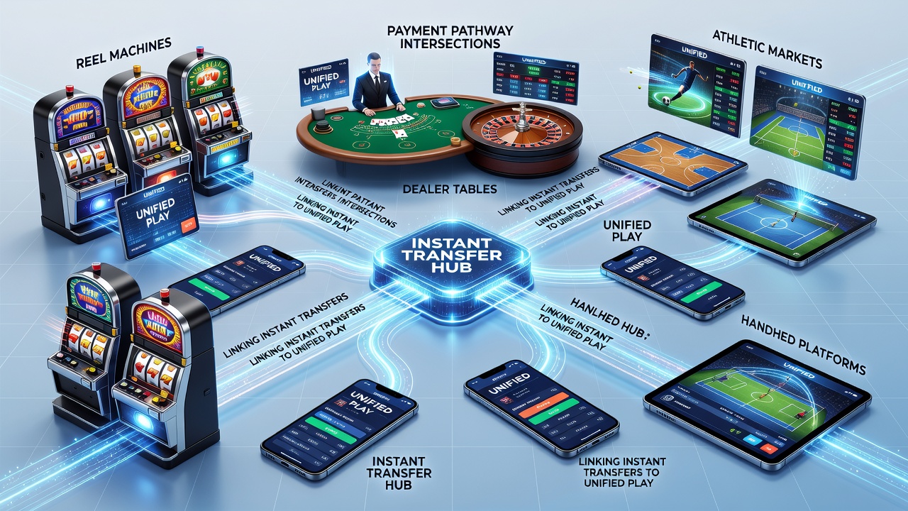 Mobile gaming interface showing interconnected payment flows across slots, tables, and sports betting