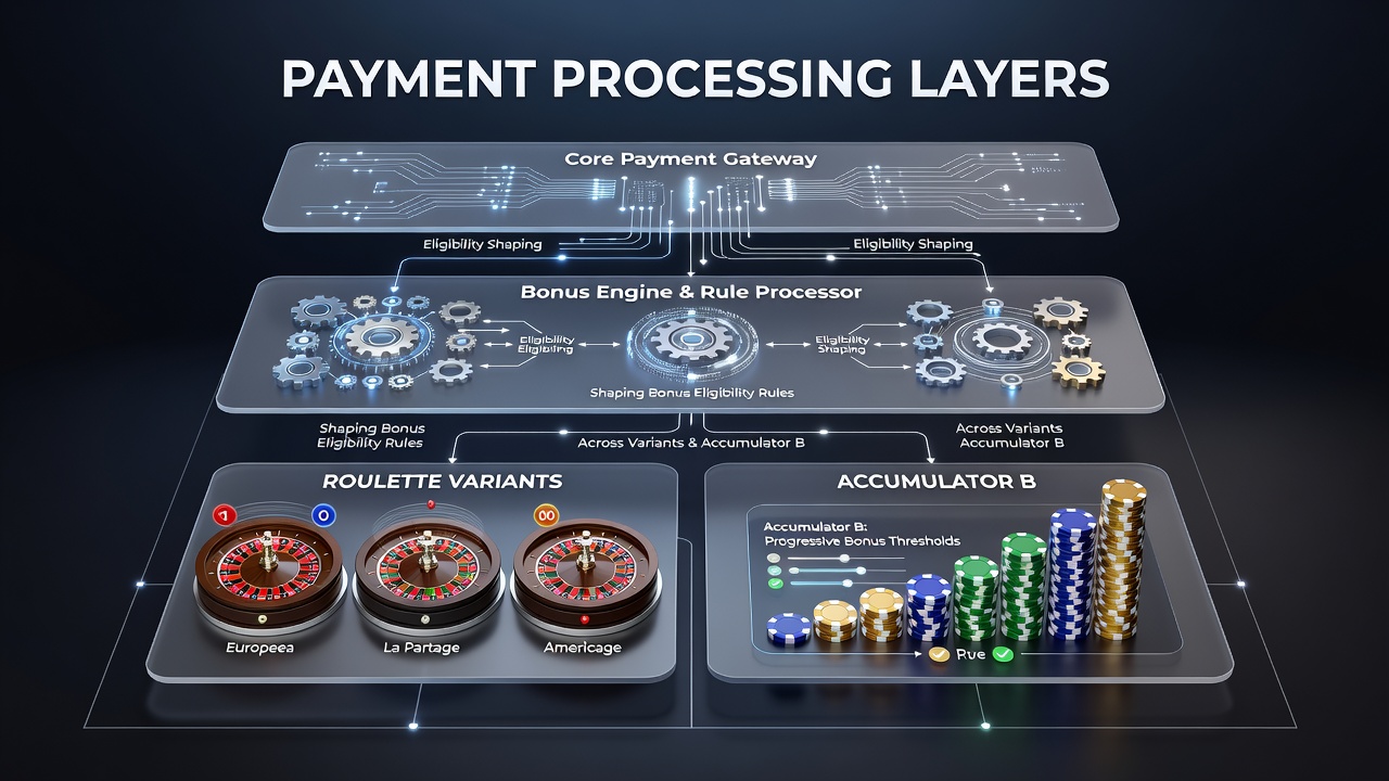 Mobile device displaying roulette wheel and accumulator bet slip with overlaid payment verification icons illustrating layered processing flow
