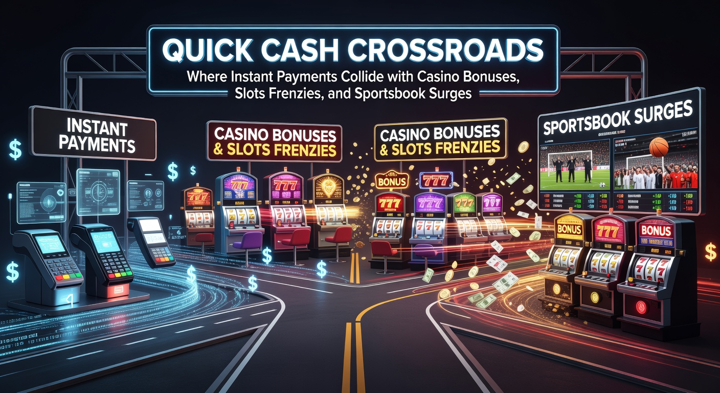 Dynamic graphic showing lightning-fast payment icons merging with casino slots, bonus chips, and sportsbook odds boards in a vibrant digital crossroads