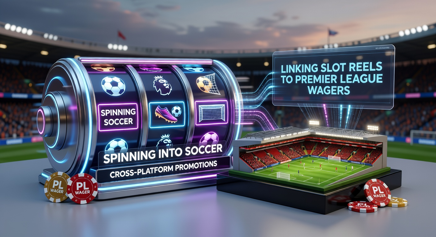 Vibrant graphic showing slot machine reels transforming into a soccer pitch with Premier League team logos and betting slips flying in