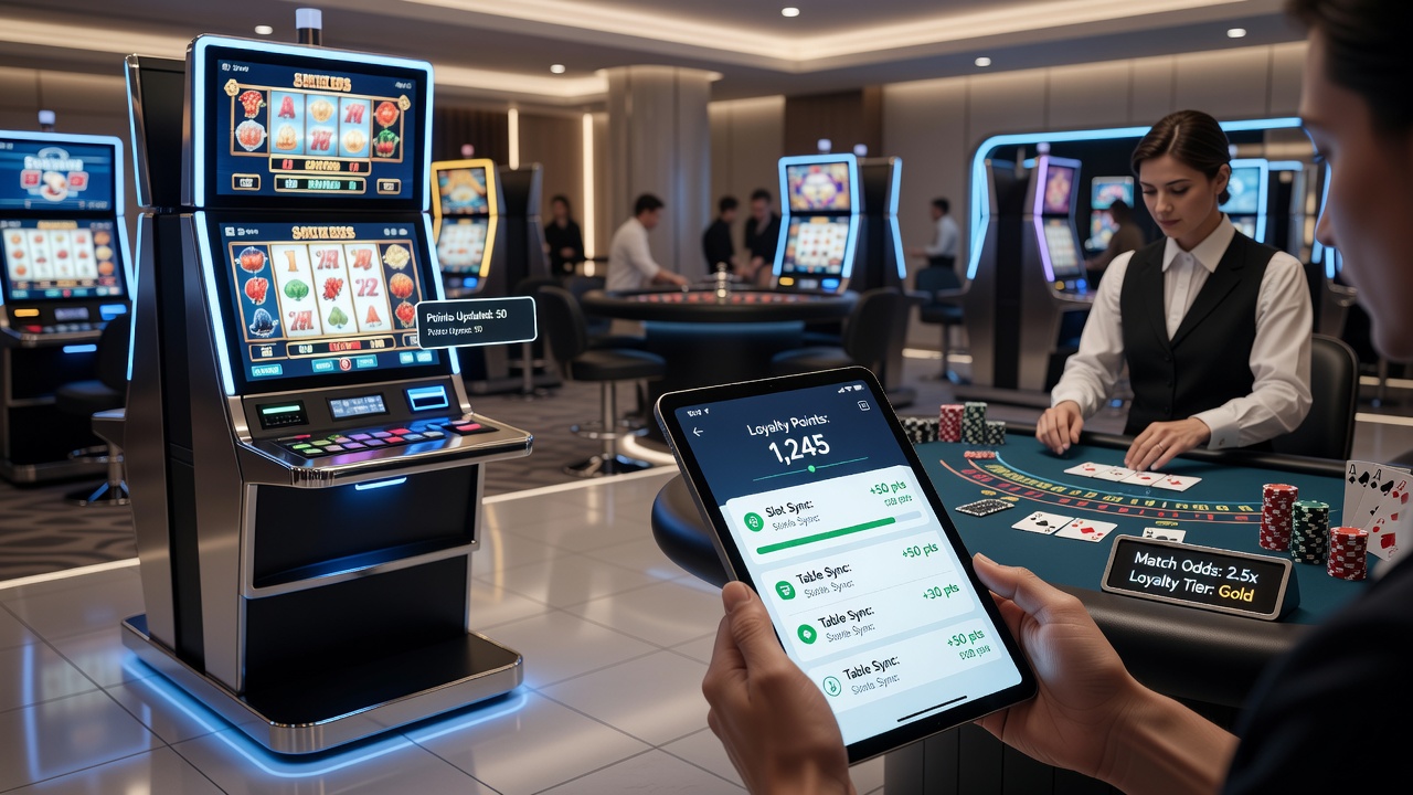 Diagram of loyalty point synchronization flow between slot machines, dealer tables, and mobile apps