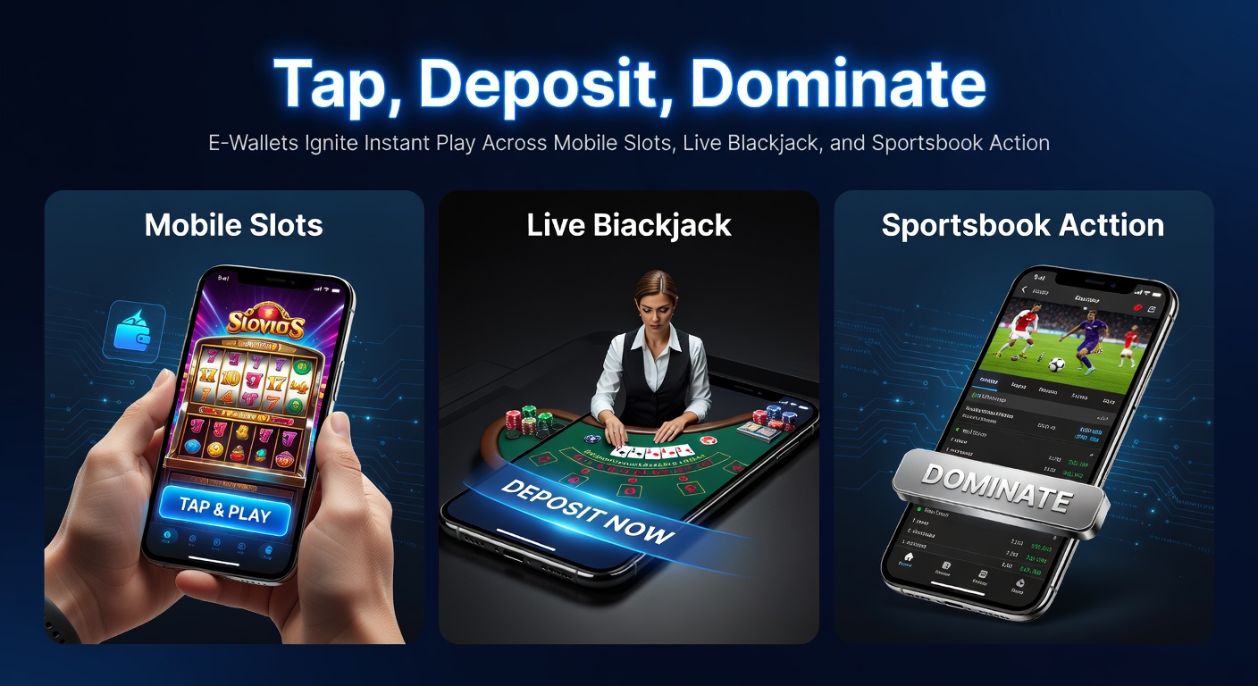 Smartphone screen displaying e-wallet deposit options for mobile slots and live blackjack games, with quick-tap interfaces and vibrant casino graphics