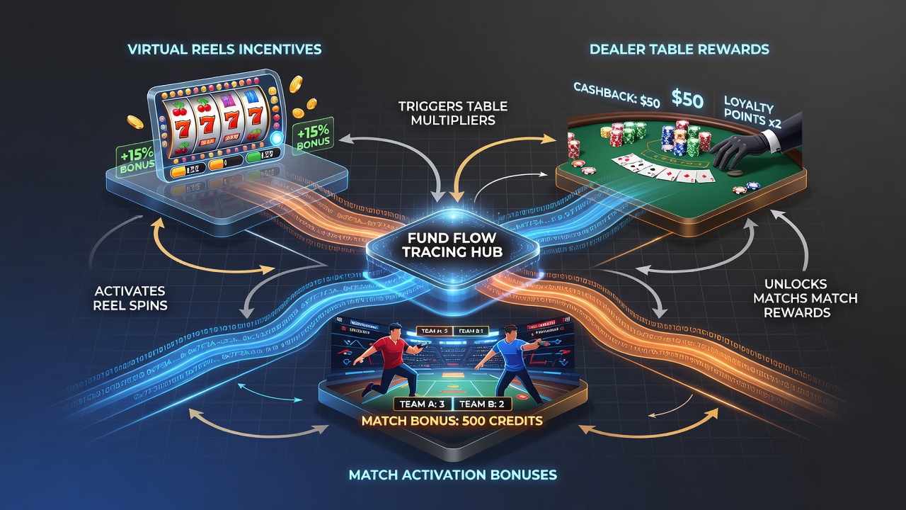 Diagram illustrating layered incentives connecting mobile slots, dealer tables, and sports betting with fund flow arrows
