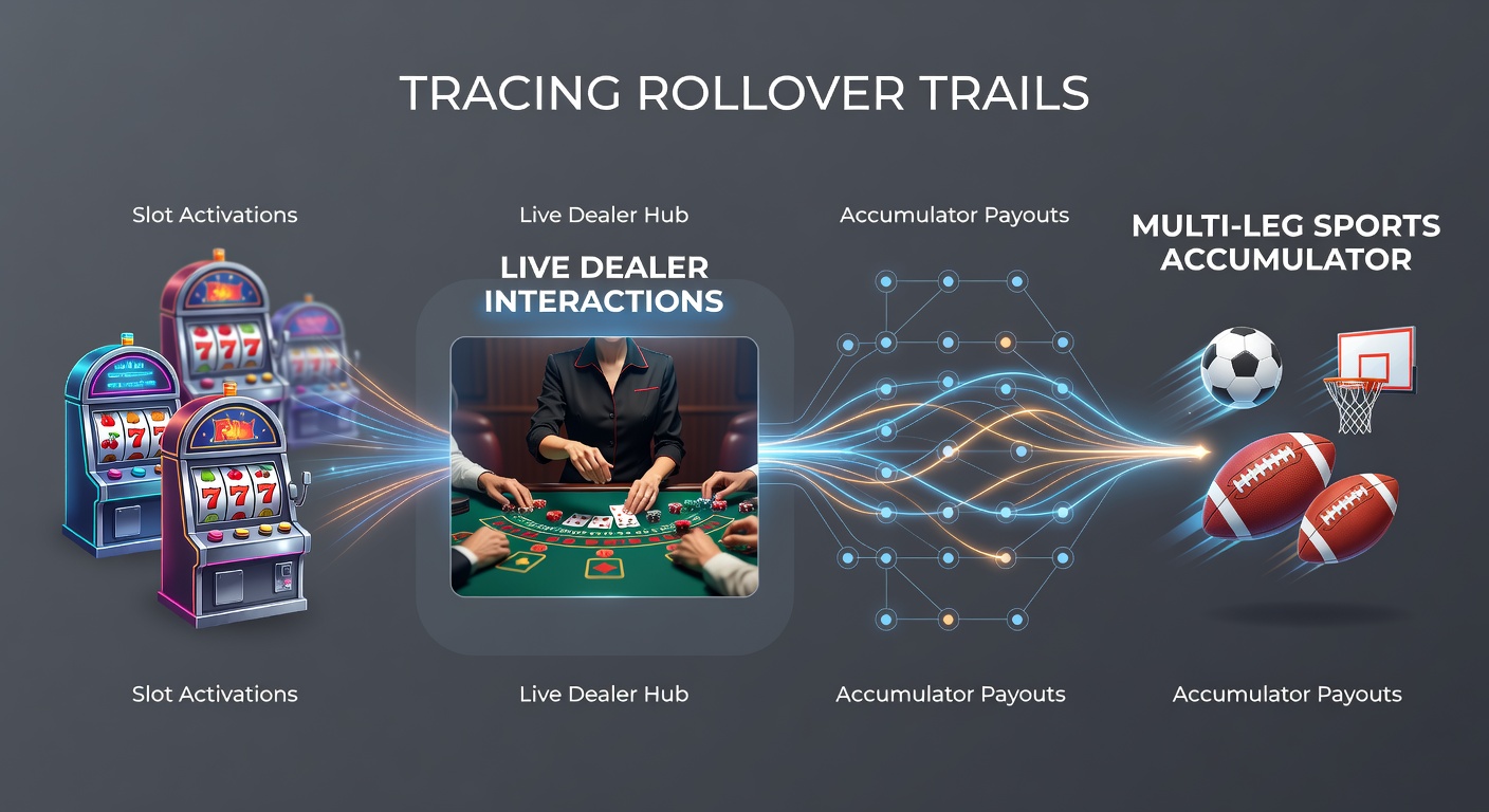 Flow diagram illustrating how wagering requirements move from slot activations through live dealer tables to sports accumulators