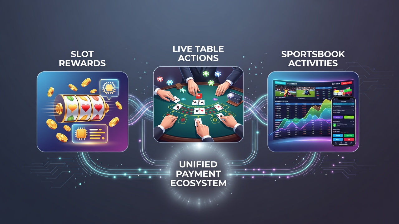 Mobile interface showing connected slot rewards, live tables, and sportsbook activities via unified payments