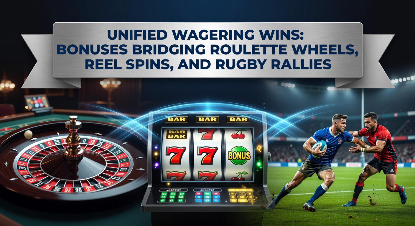 Screenshot of a unified betting platform dashboard showing roulette tables, slot reels, and rugby odds side by side with shared bonus meters