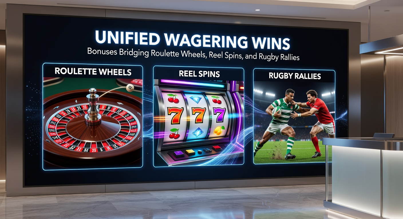 Collage image depicting a roulette wheel, spinning slot reels, and rugby players in action, overlaid with bonus icons and unified wallet graphics